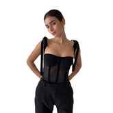 Women's Mesh Sexy Black Top Vest Sleeveless Patchwork Camisole Lace-up Suspender Strap Streetwear Clothing New Fashion